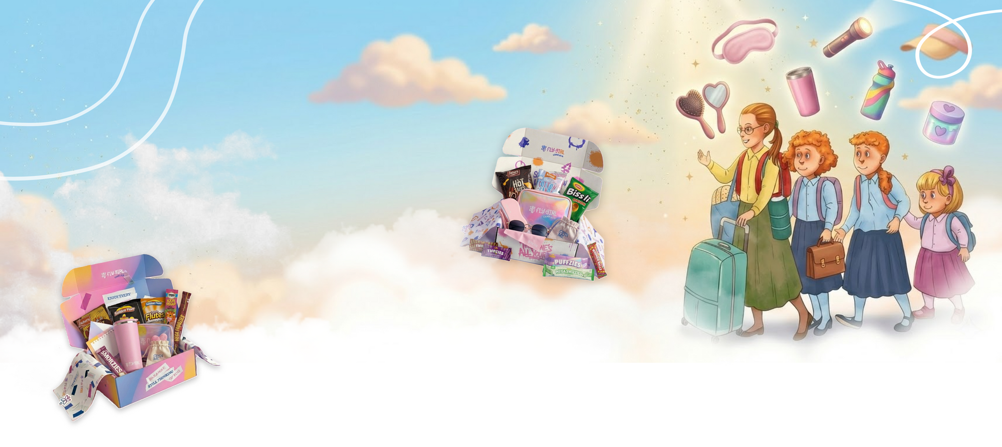 Illustration of a family with children and a box of toys against a blue sky with clouds.