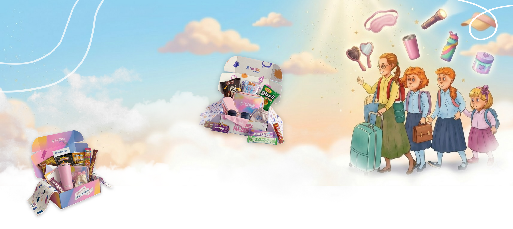 Illustration of children with backpacks and a box of toys against a sky and cloud background