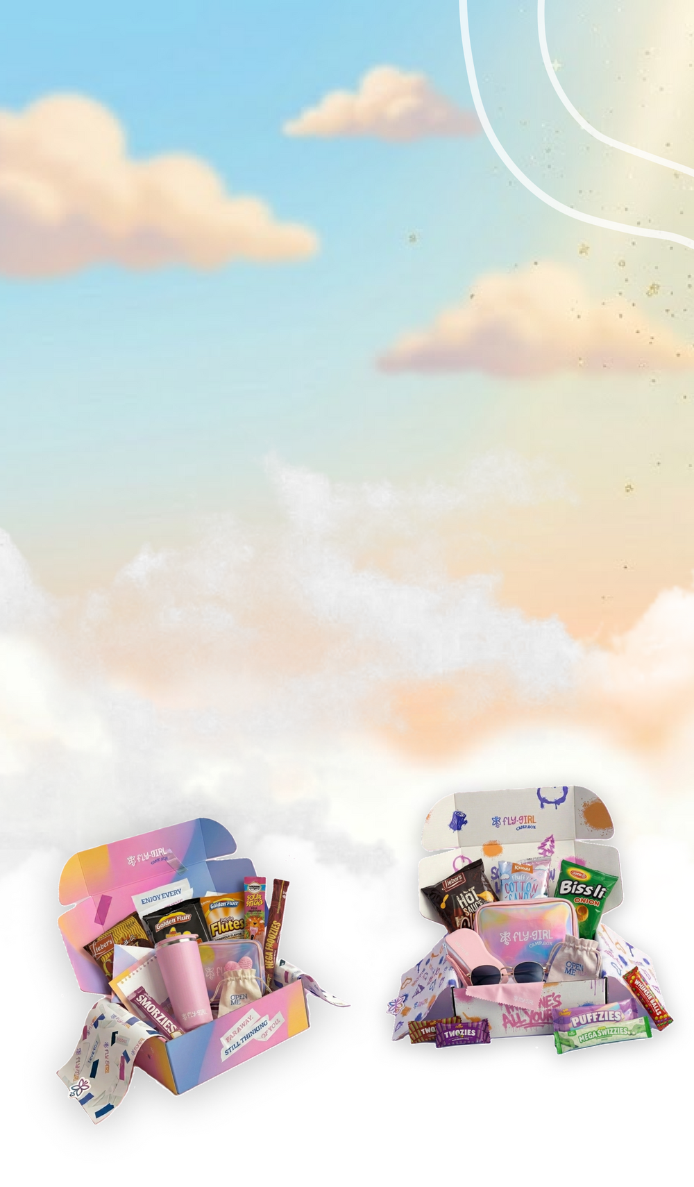 Two colorful gift boxes filled with assorted snacks, chocolates, and packaged items, set against a pastel sky-and-cloud background.