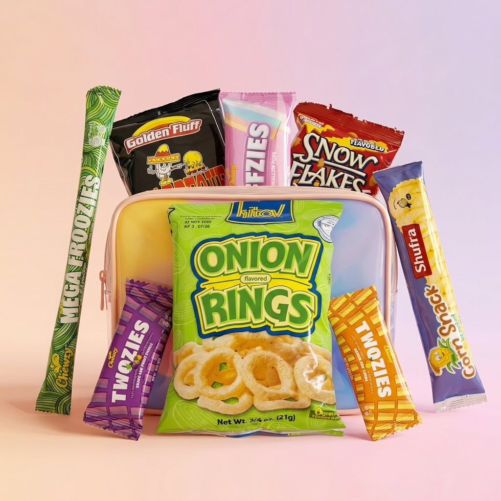 Assorted snack packages including onion rings and Twinkies on a pink background