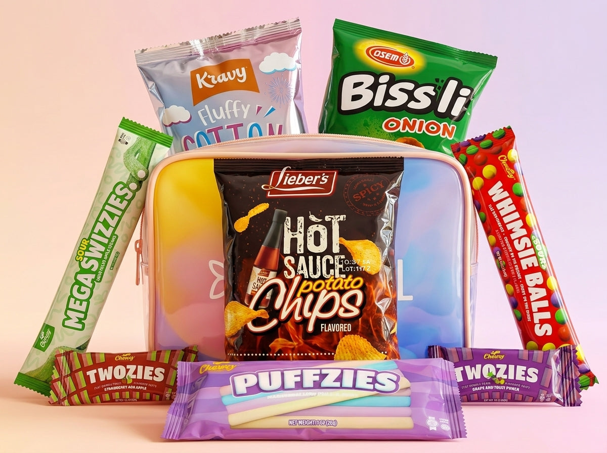 Assorted snack packages including chips, candy, and cookies on a pink background