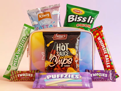 Assorted snack packages including chips, candy, and cookies on a pink background