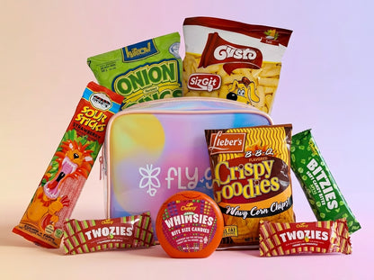 Assorted snack packages including Lay's, Singit, and Twizlers with a branded pouch on a light pink background.
