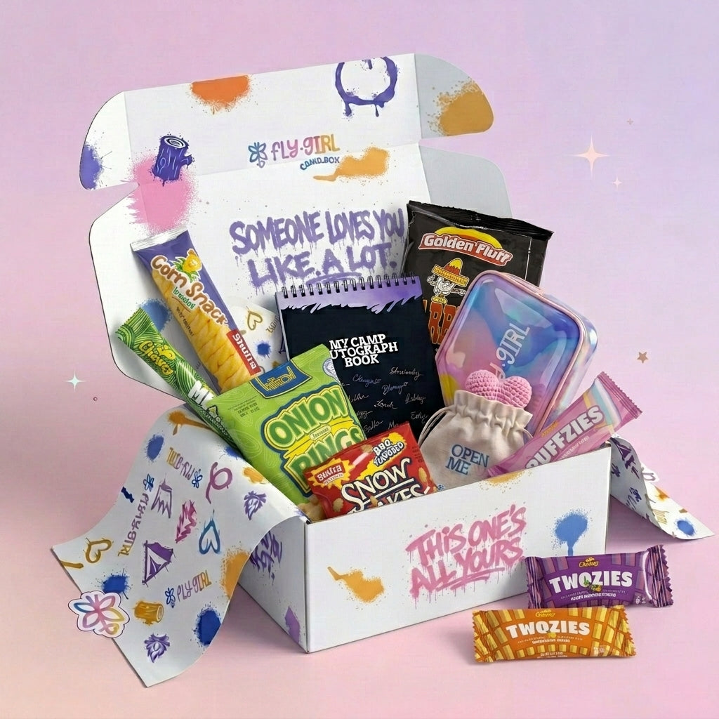 Box of snacks and stationery items with visible branding on a pink background