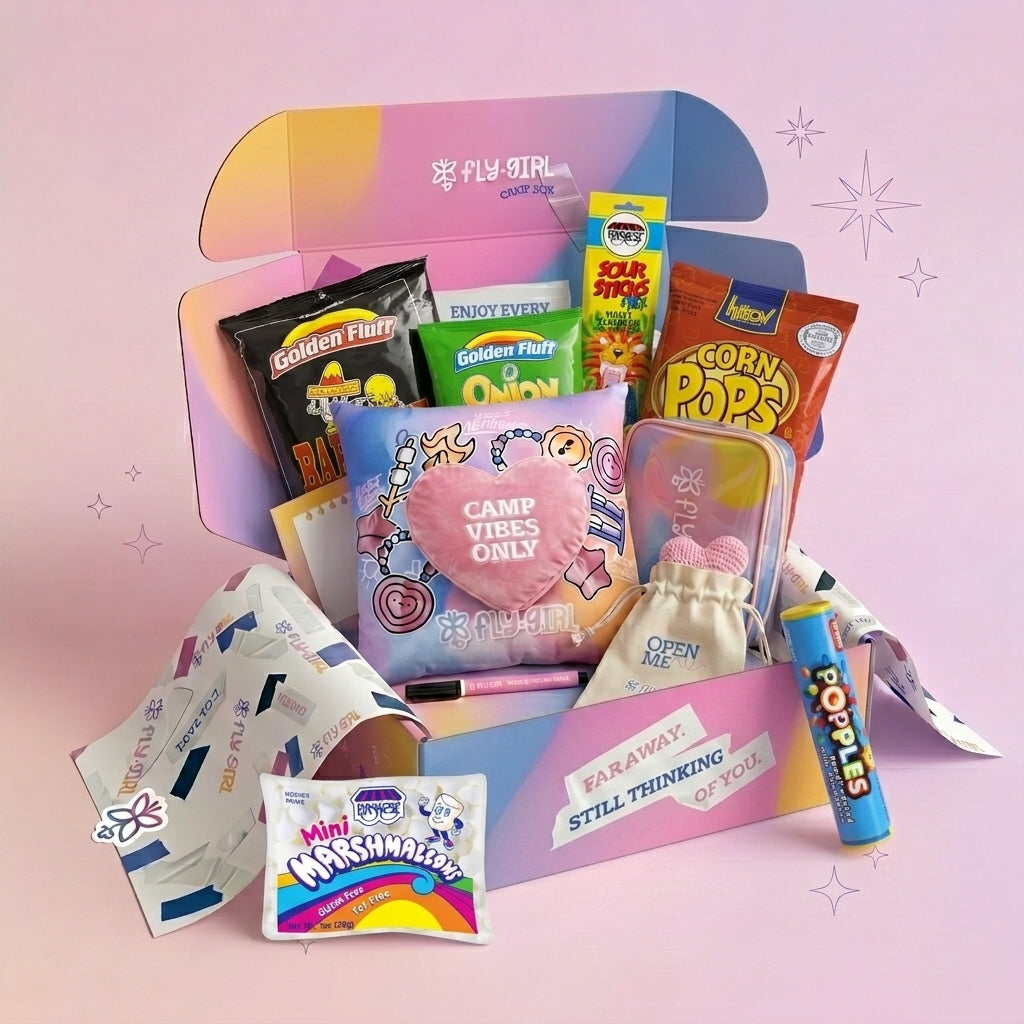 Colorful gift box with various items including snacks and stationery on a pink background