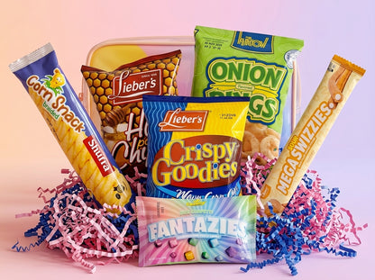 Assorted snack packages including Corn Snack, Lieber's Crispy Goodies, and Onion Rings on a pink background.