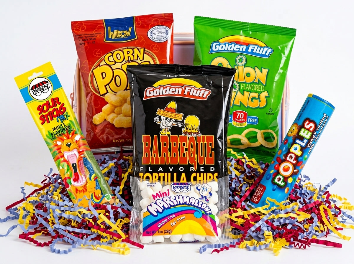 Assorted snack packages including Corn Pop, Golden Fluff, and Poples on a white background