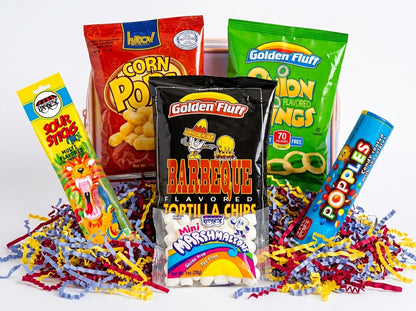 Assorted snack packages including Corn Pop, Golden Fluff, and Poples on a white background