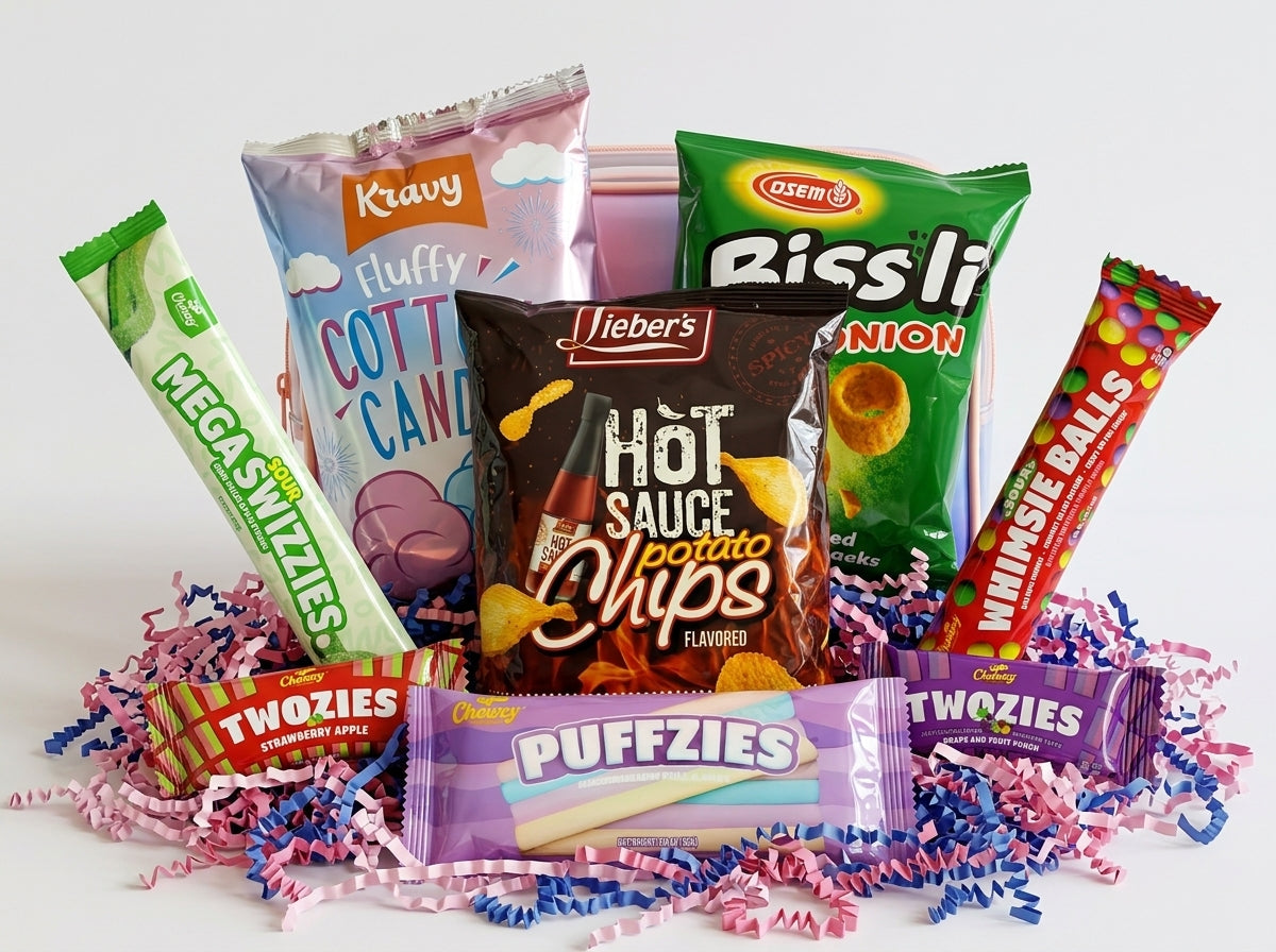 Assorted snack packages including hot sauce potato chips, candy bars, and other treats on a white background.