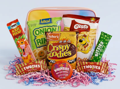 Assorted snack packages including Sour Sticks, Onion Rings, and Crispy Goodies in a colorful display.