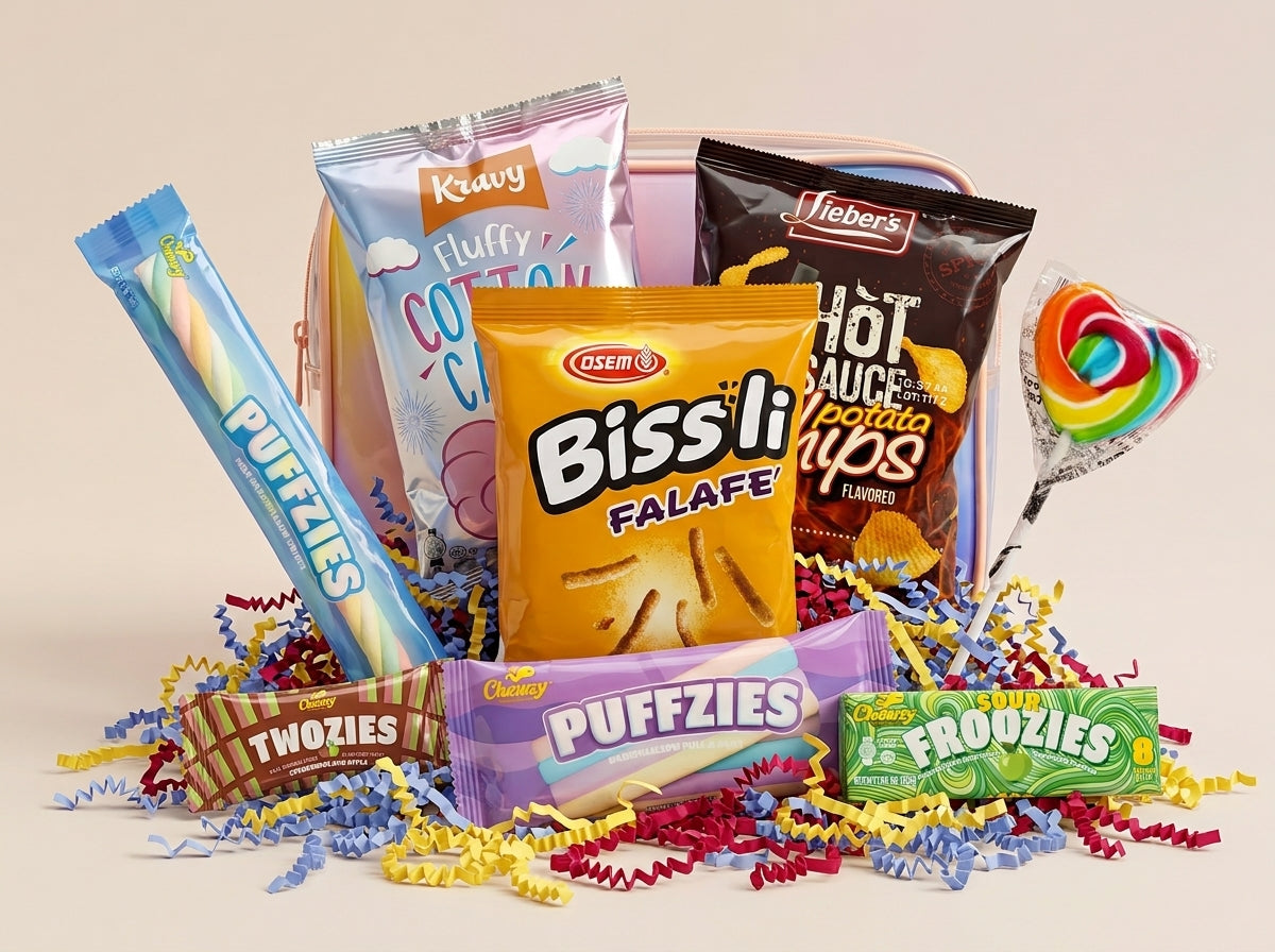 Assorted snack items including chips, candy, and cookies on a beige background