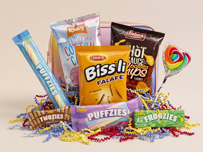 Assorted snack items including chips, candy, and cookies on a beige background
