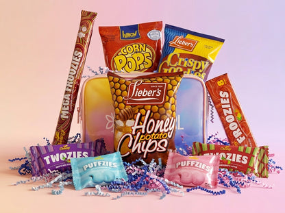 Assorted snack packages including Honey Potato Chips, Corn Pops, and other branded snacks on a pink background.