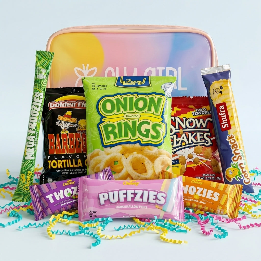Assorted snack packages including Onion Rings, Puffzies, and other treats on a colorful background.