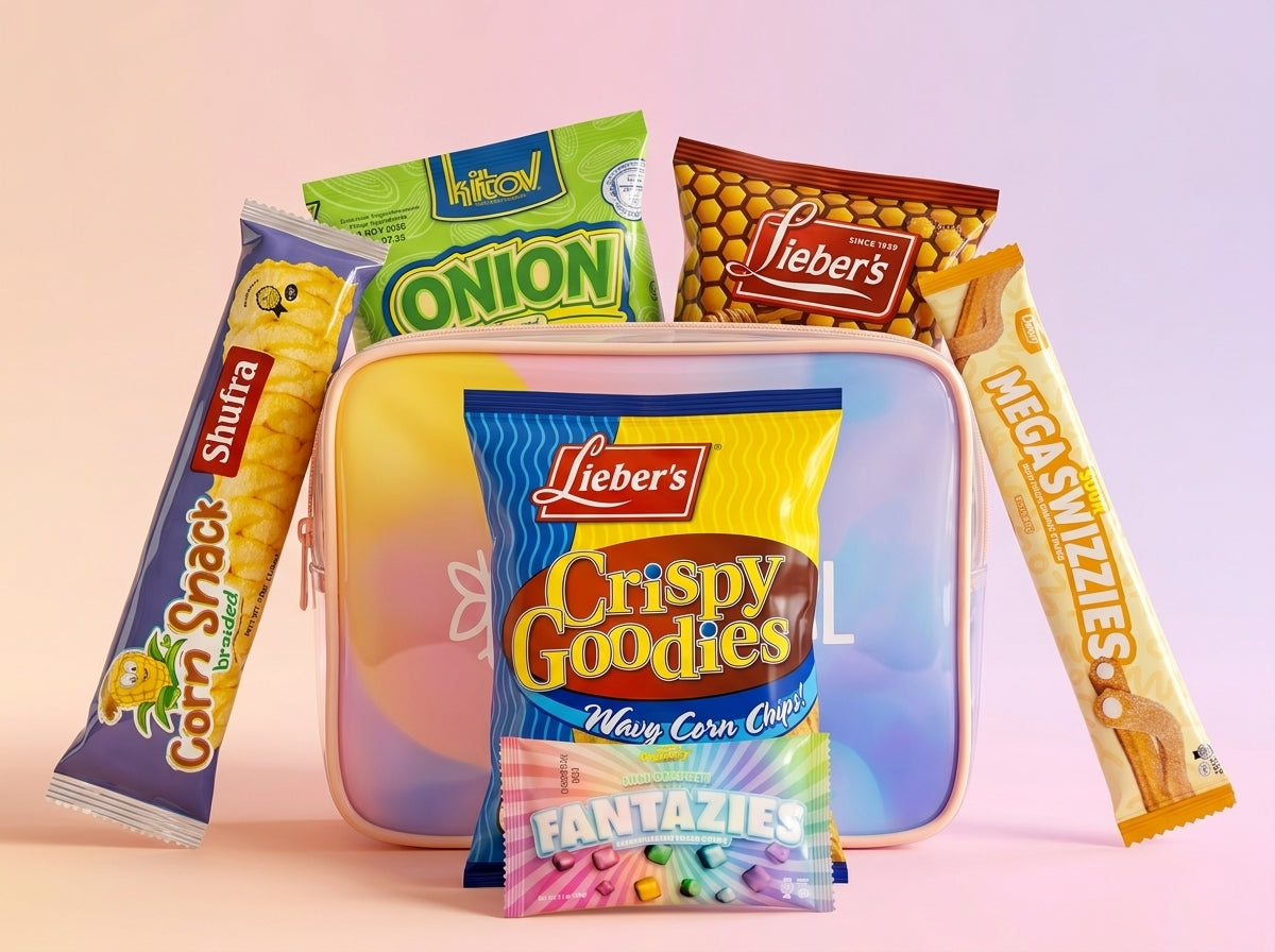 Assorted snack packages including Lieber's Crispy Goodies on a pink background