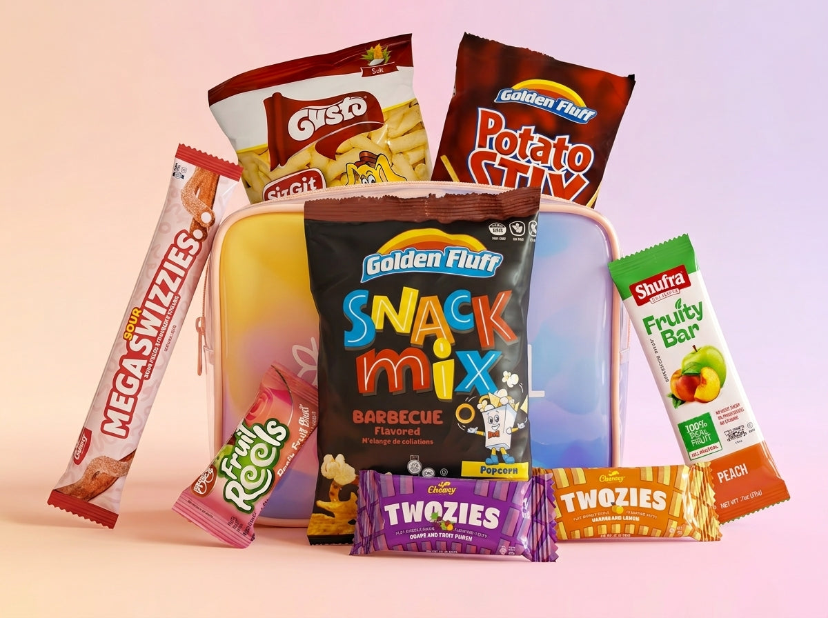 Assorted snack packages including Golden Fluff, and Twozies on a pink background