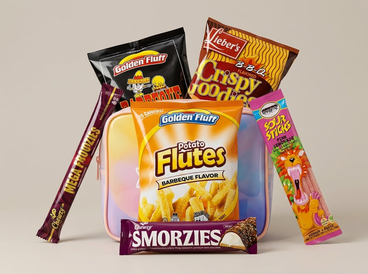 Assorted snack packages including Golden Fluff, Lieber's, and Smorzies on a beige background