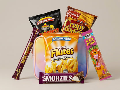 Assorted snack packages including Golden Fluff, Lieber's, and Smorzies on a beige background