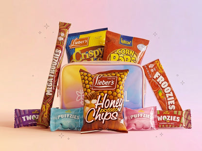 Assorted snack packages including Fiebers, Twozies, and Puffzies on a pink background