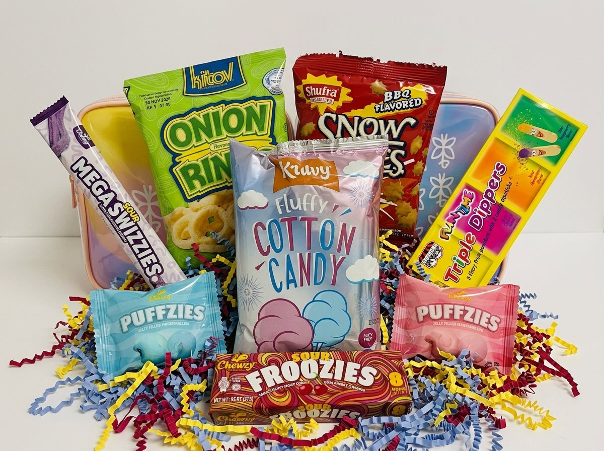 Assorted snack packages including 'Hershey's' and 'Puffzzies' on a white background