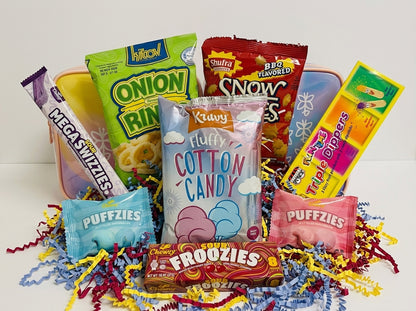 Assorted snack packages including 'Hershey's' and 'Puffzzies' on a white background