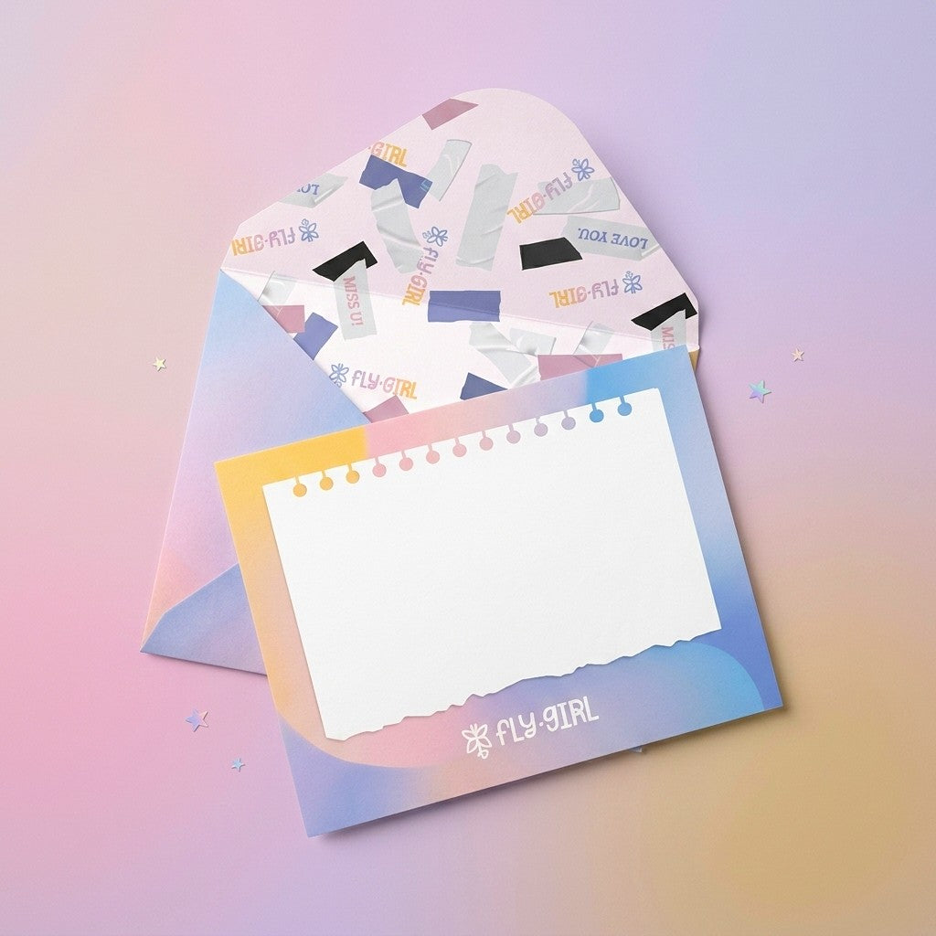 Colorful stationery set with envelopes and post-it notes on a gradient background
