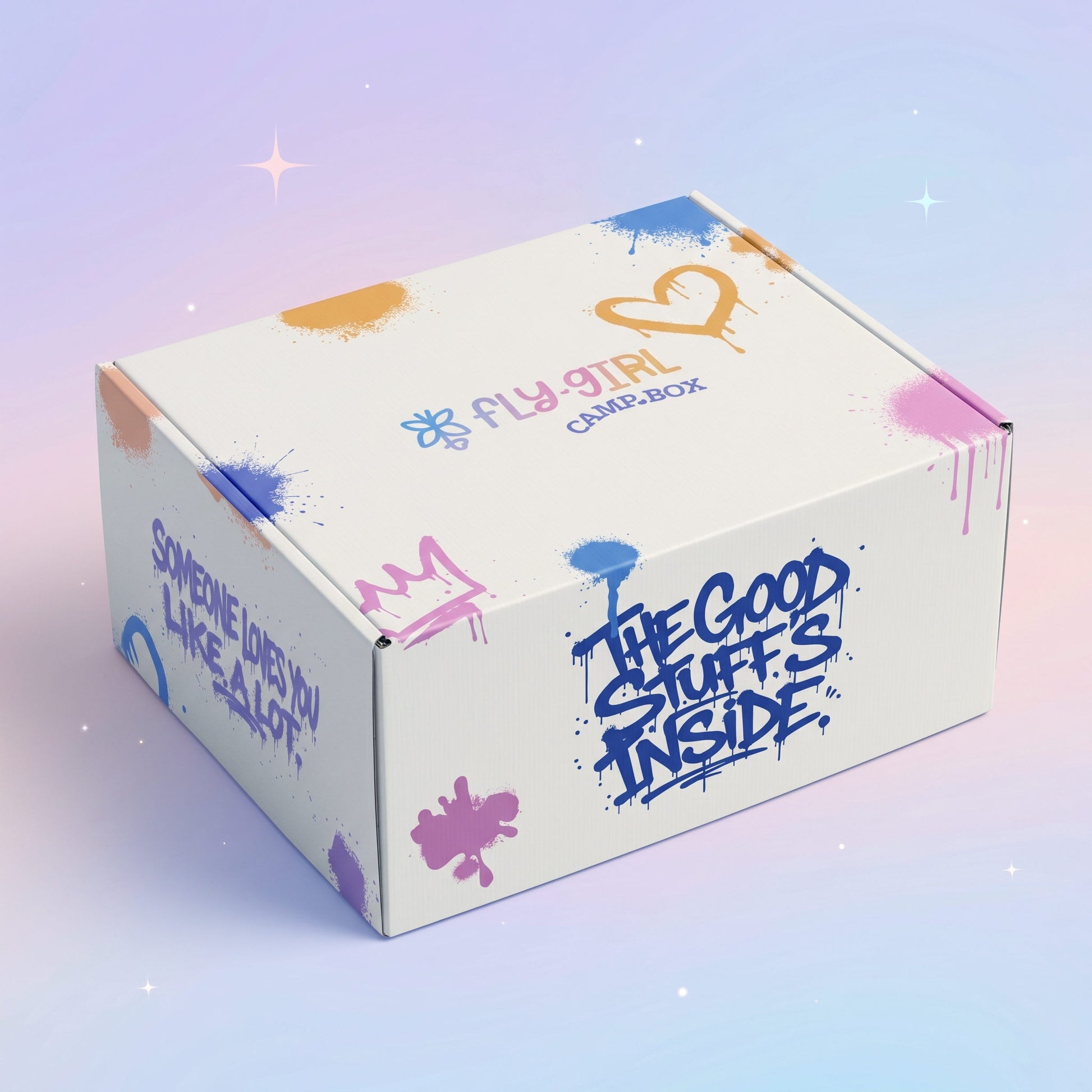White box with colorful text and graphics on a gradient background