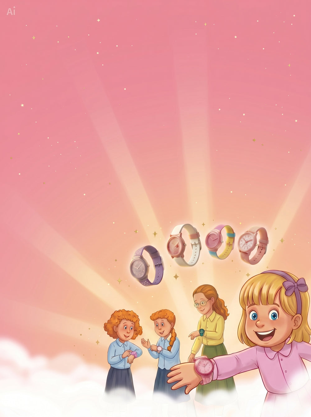 Cartoon illustration of children with colorful wristbands on a pink background