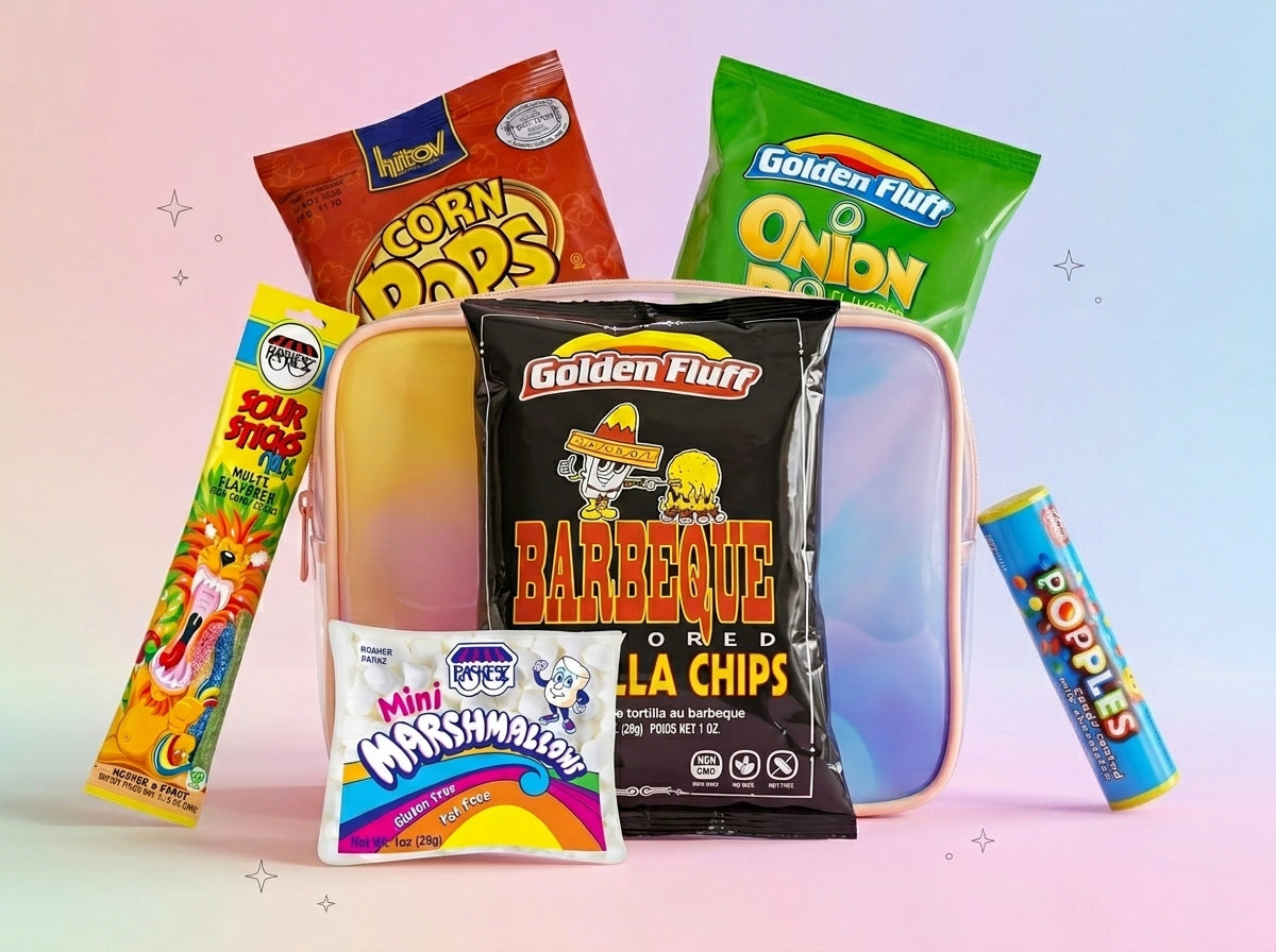 Assorted snack packages including Golden Fluff, Mini Marshmallows, and other treats on a gradient background.