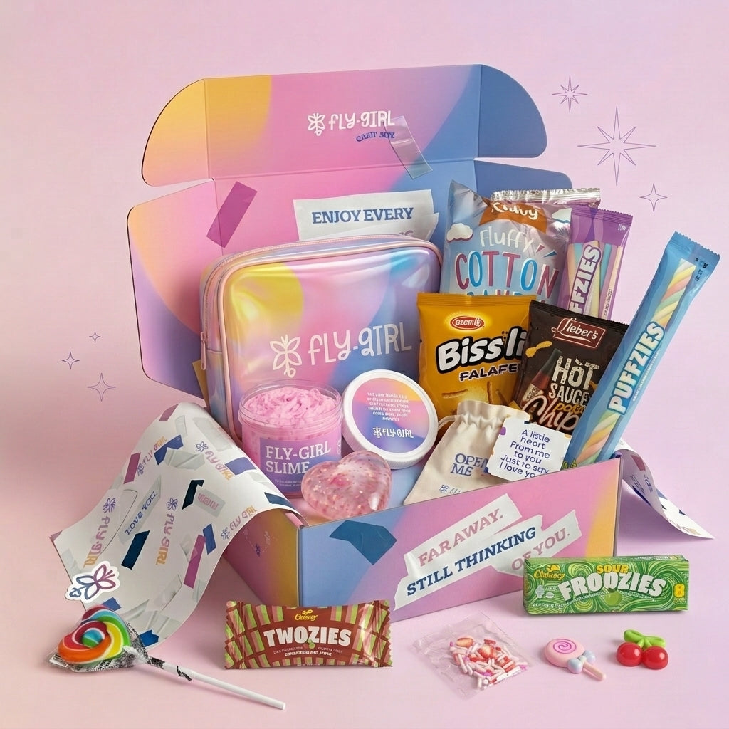 Colorful box with various snacks and candies on a pink background