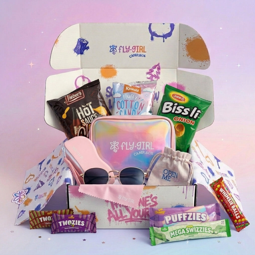 Open box containing various snacks and a pouch with 'Fly Girl' branding on a gradient background.