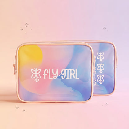 Two colorful pouches with 'FLY GIRL' branding on a gradient background
